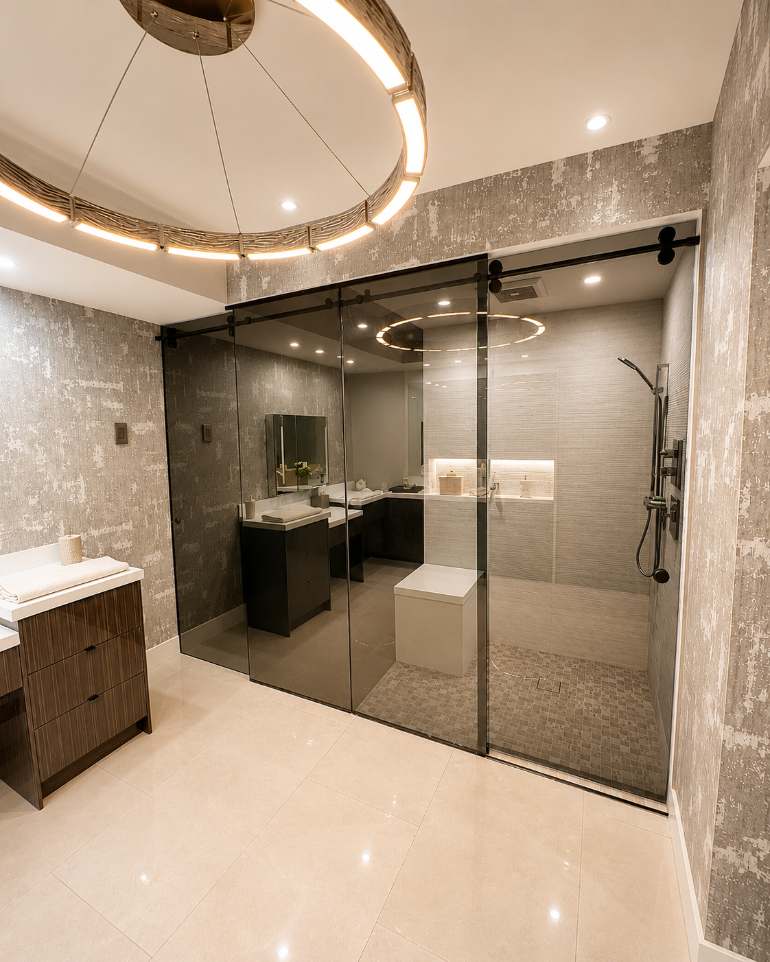 Large custom glass shower enclosure with frameless panels